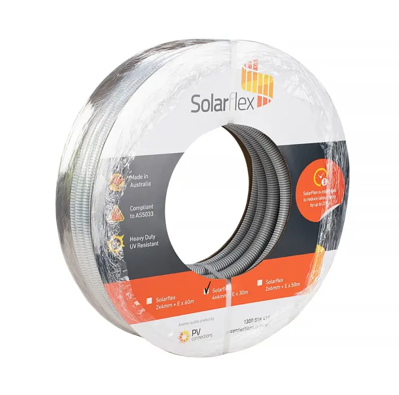 Coiled Solarflex 25mm HD UV pre-wired conduit with 4 x 4mm² cables, suitable for solar installations